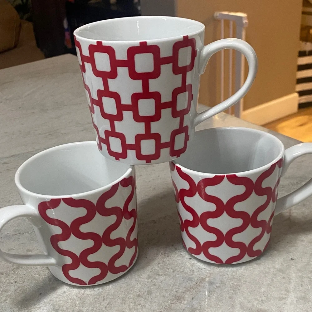 Crate&Barrel Red and White Patterned Mugs